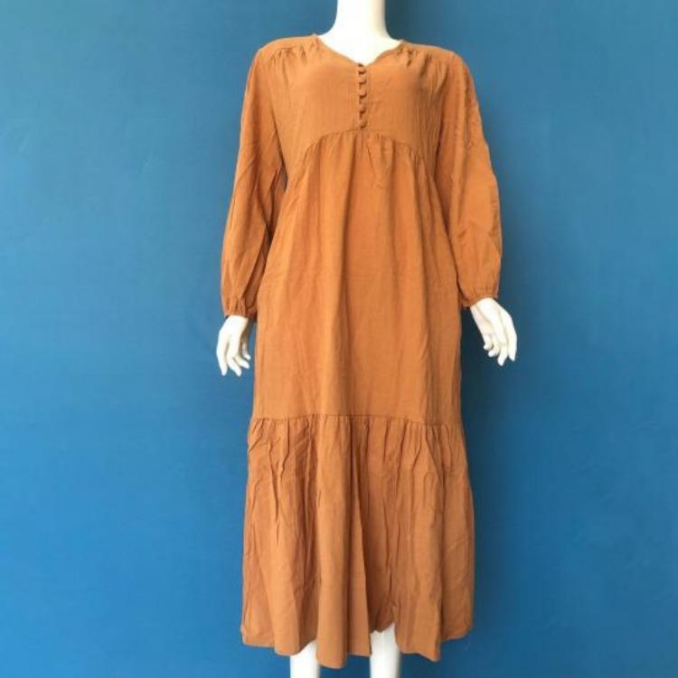 Women Long Sleeve Bohemian Cotton Linen Swing Dress Oversized V Neck Flowy Tiered Ruffle Pleated Long Dress