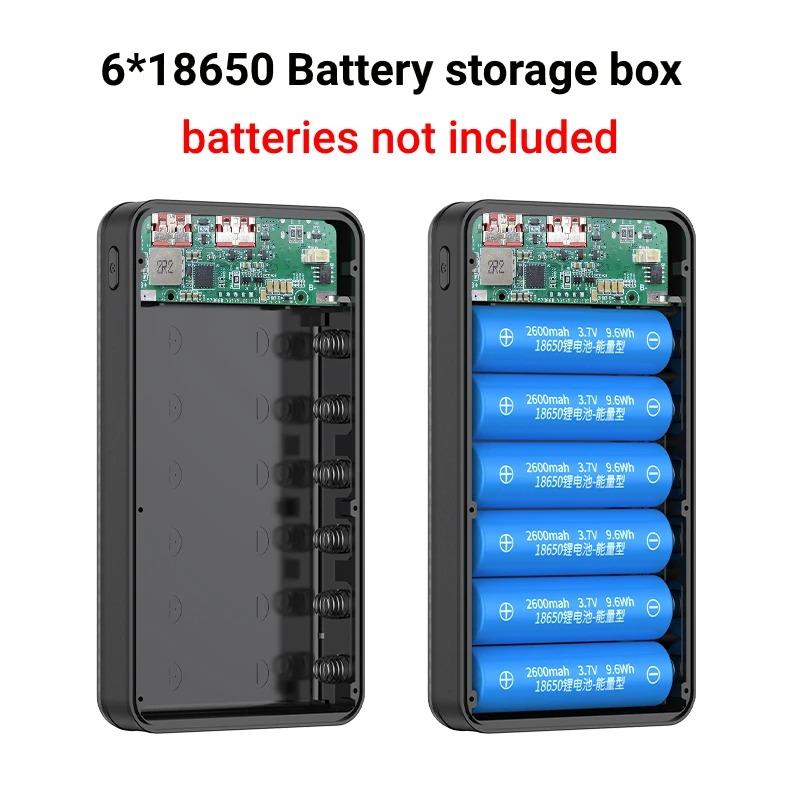 Boîtier de batterie externe 6 x 18650, double port USB type C, avec éclairage de camping, 20 000 mAh, boîtier de rangement pour batterie