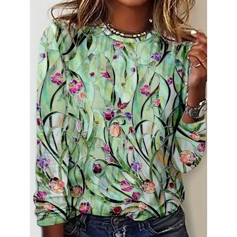 Women's T Shirt Print Floral Graphic Plants Elegant Bohemia Vintage Long Sleeve Crew Neck Regular Tops