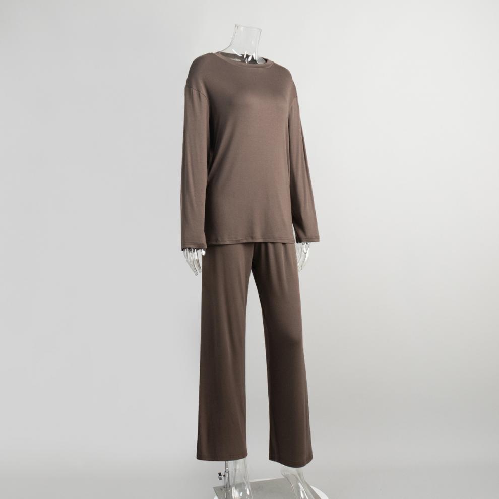 Conjunto de Pijama de Tricô Feminino Europeu e Americano: Conjunto de Top Solto com Gola Redonda e Manga Longa & Calça Outono/Inverno 2025
