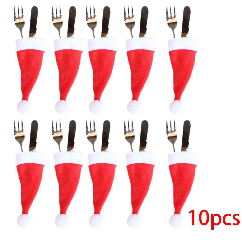 10pcs Christmas Hat Cap Tableware Silverware Holder Pockets Spoon Dinner Decoration Fork