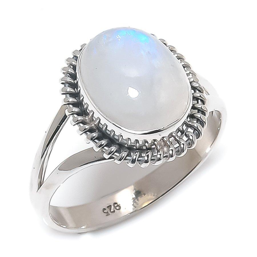 Natural Rainbow Moonstone Gemstone 925 Solid Sterling Silver Gift Ring S.9 J0D68