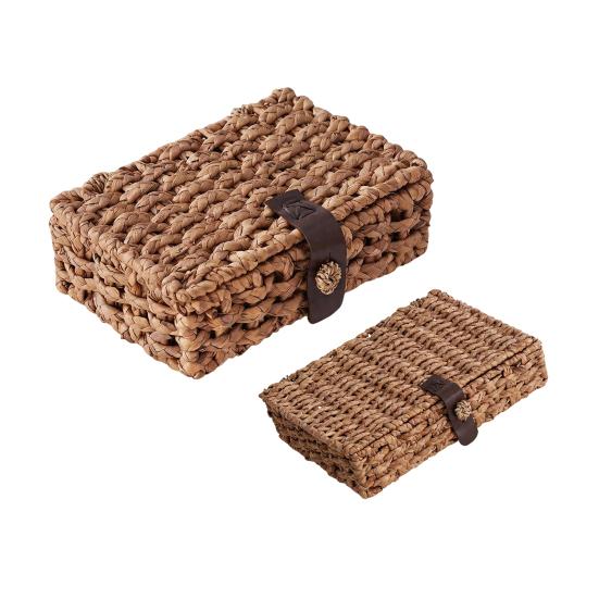 Storage Box Handwoven Wicker Basket with Leather Strap Closure Storage Organizer for Coffee Table Bookshelf