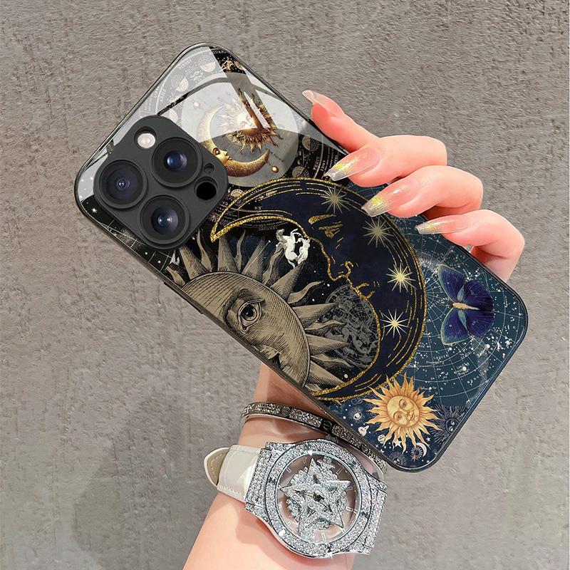 Kreatives Sonnenmenschen-Muster Gehärtetes Glas Handyhülle Für iPhone 16 Pro Max 17 15 14 13 12 11 Pro 16E 7 8 Plus XR XS X Hülle