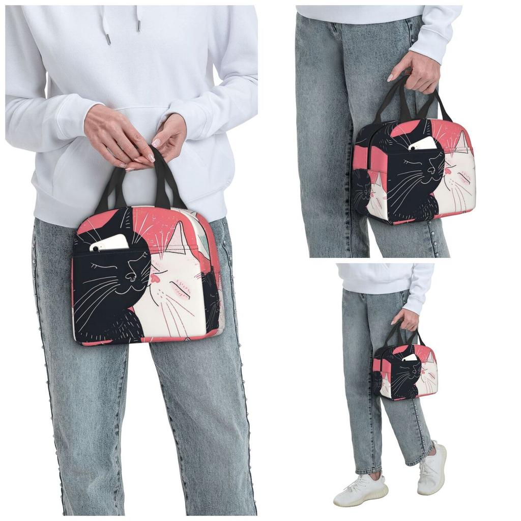 Cartoon Schwarz Weiß Katze Druck Isolierte Lunchtasche für Damen Büro Kühltasche Thermische Lebensmittelbox Tragetasche Auslaufsicherer Lunchbox Behälter