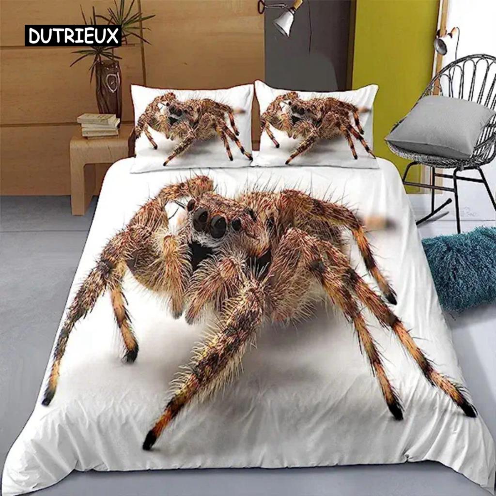 Bed Cover Tarantula Cozy Microfiber Fabric Black Brown Spider Comforter Cover Kit Insect Theme White Crawl Wild Animals for Adults Teens