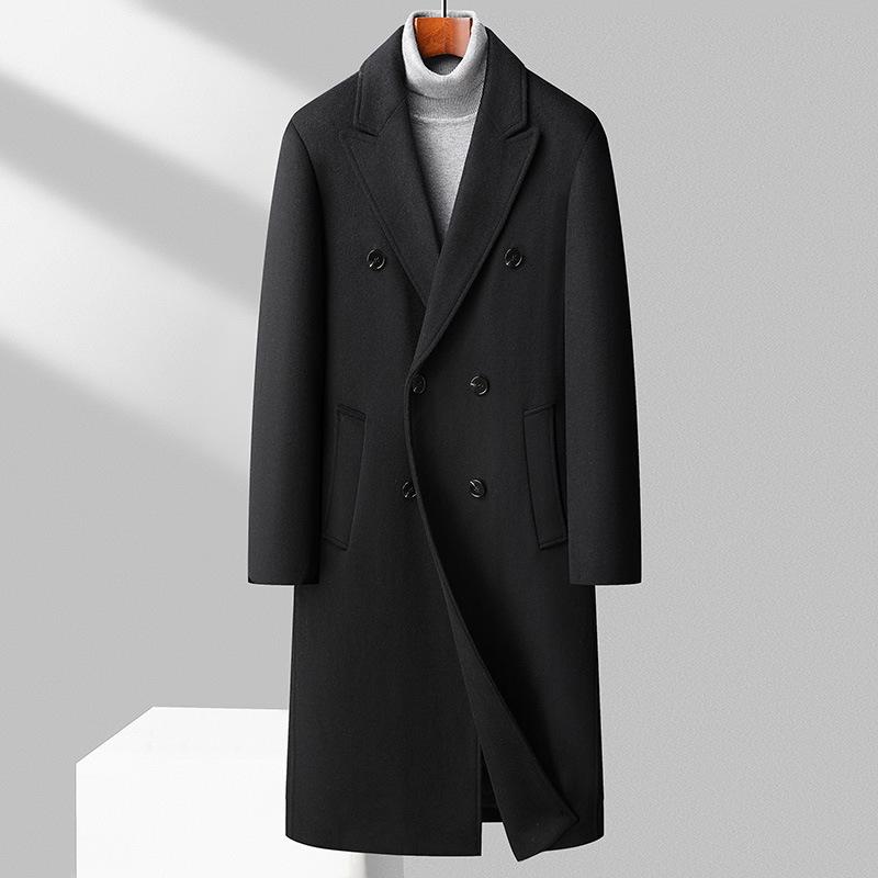 Autumn and Winter Men's Woolen Coat Long Knee Double-breasted Cotton Thickened Woolen Coat Trench Coat Men's Coat