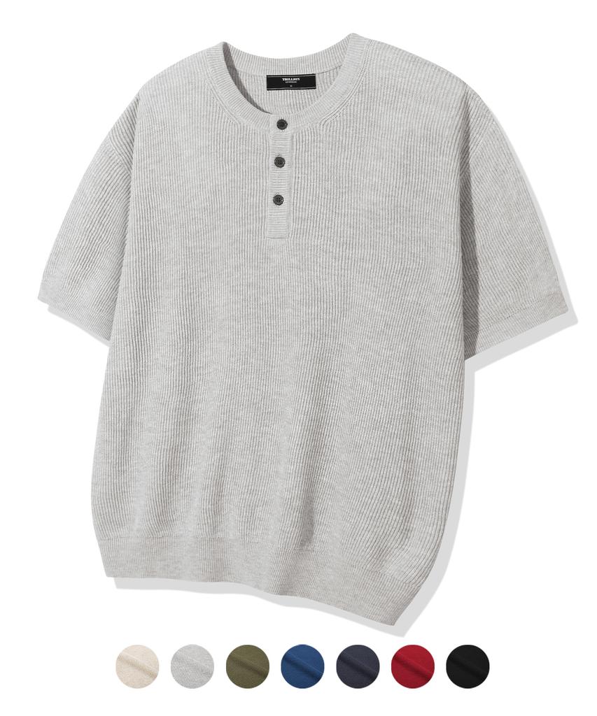 TRILLION Washable Linen Crop Henley Neck Short Sleeve Knit_7Color (C Type)