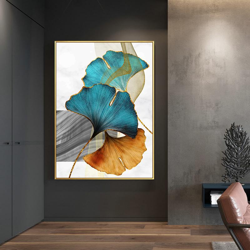 Golden Blue Leaf Plant Canvas Painting Modern Abstract Wall Art Poster and Print Nordia Pictures for Living Room Home Decoration