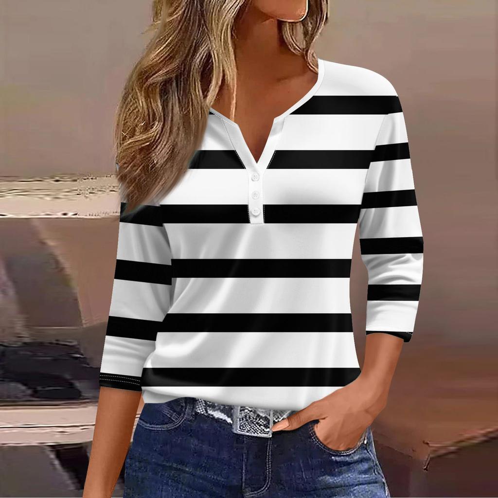 Women's T Shirt Tee Print Button 3/4 Sleeve Daily Weekend Fashion Basic V Neck Regular Top
