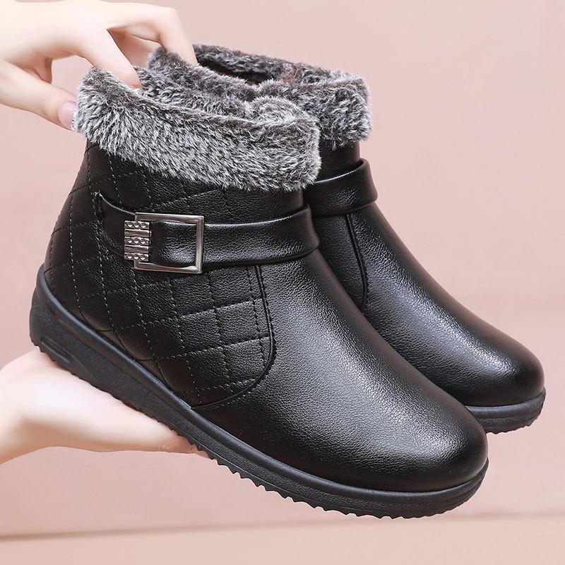 Cosy faux fur hem ankle boots mother winter shoes for women buckle deco leather short boot ladies black flat booties warm plush