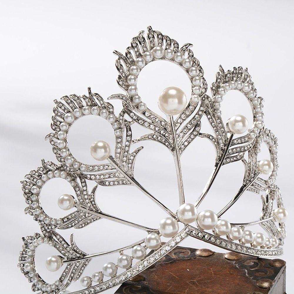 Rhinestone Crowns Peacock Feather Tiaras Round Pearl Pageant Diadem Crystal Pearl Headband Bohemian Lightweight
