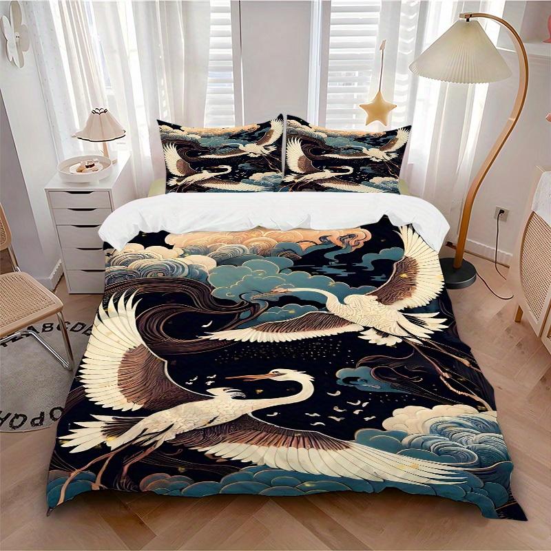 3pcs Chinese Style Cranes Clouds 1Cover + 2Pillowcases, PillowInserts NotIncluded, Machine Washable, All - Season Use, Suitable for Bedroom Guest Room