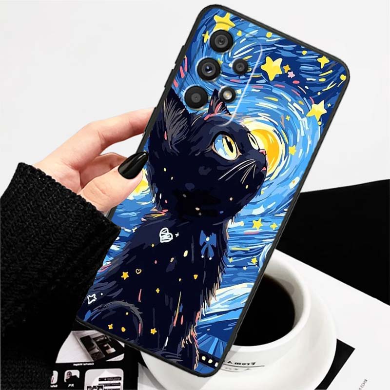 Cute Cartoon Cat Illustration Phone Case For Samsung A73 A72 A71 A55 A54 A53 A52 A51 A13 A22 A16 A15 A12 A14 A26 A07 5G Black