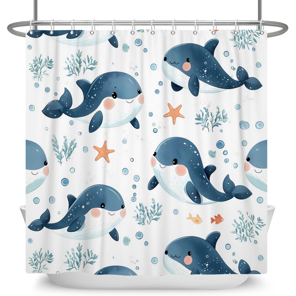 Dolphin Print Cartoon Shower Curtain Ocean-Themed Bathroom Curtain Cute Wind Curtain For Kid Room Bathroom Polyester With Hooks