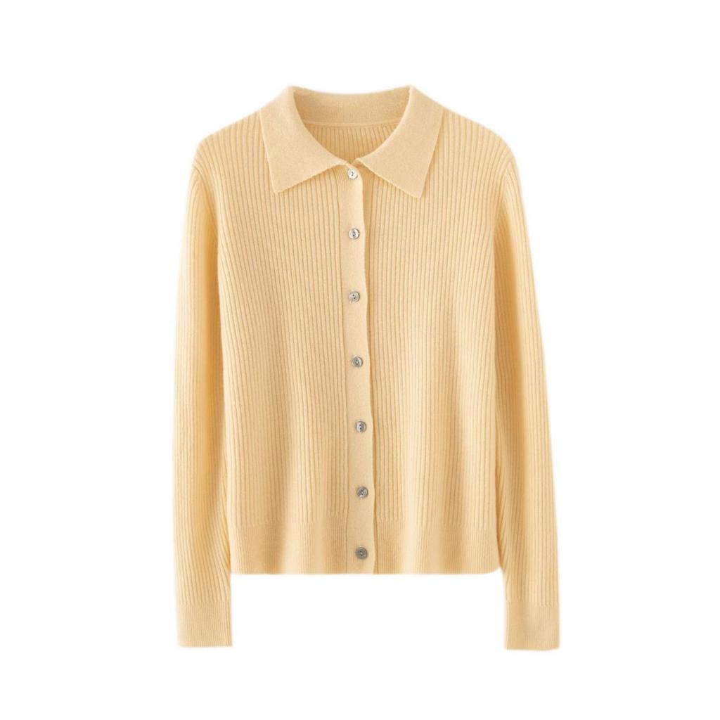 2024 Women's Autumn/Winter 100% Wool Striped Polo Collar Cardigan - Loose, Slimming, Versatile Fashion