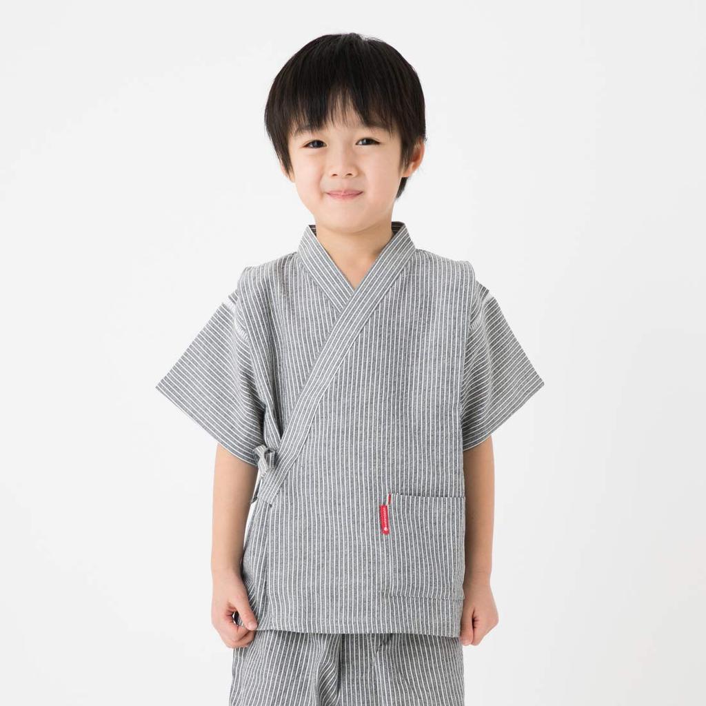 Watanosato Made in Japan Hickory Pattern Crepe Woven Casual Jinbei for Boys (Size 90, Gray Stripes)
