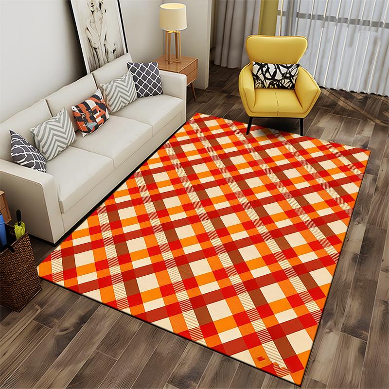 Plaid Pattern Carpet for Living Room, Red Orange and Beige Design Suitable for use as an anti-slip for living room bedroom sofas