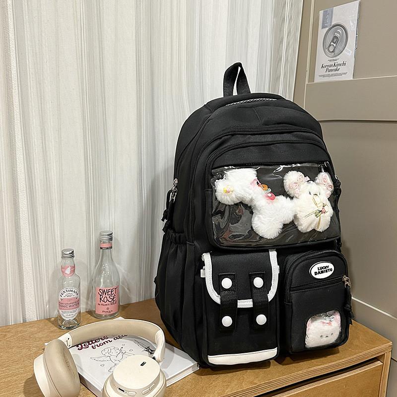 Solid Color Simple Student Backpack With Transparent Compartment And Decor Doll