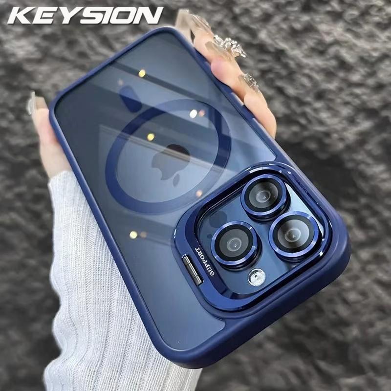 KEYSION Magnetic Transparent Phone Case for MagSafe for iPhone 11 12 13 14 Pro Max Lens Protector Metal Stand Shockproof Cover