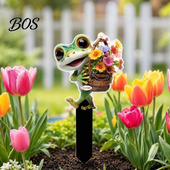 UV Printed Garden Art Cartoon Frog Stake, 2D Acrylic Cute Decoration, Waterproof 3D Effect Stake Outdoor Yard for Lawn Flower Bed Planter Decor