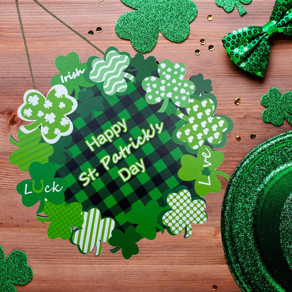 St Patrick's Day Wreath Door Sign Wooden Wreath Shamrocks Ornament Door Welcome Decor Hanging Wood Green Lucky Decoration