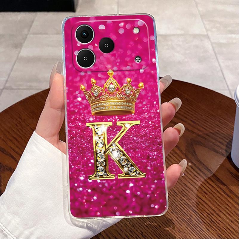Phone Case For Tecno Spark 50 Bumper Transparent TPU Shockproof Soft Casing Crown Lucky Initial Letter Pattern Couple Shell