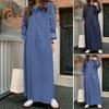 Kadın Günlük Denim Maxi Elbise Kıvırılabilir Kollu Yakalı Düğmeli Gömlek Elbise Bol Kesim Uzun Kot Elbise