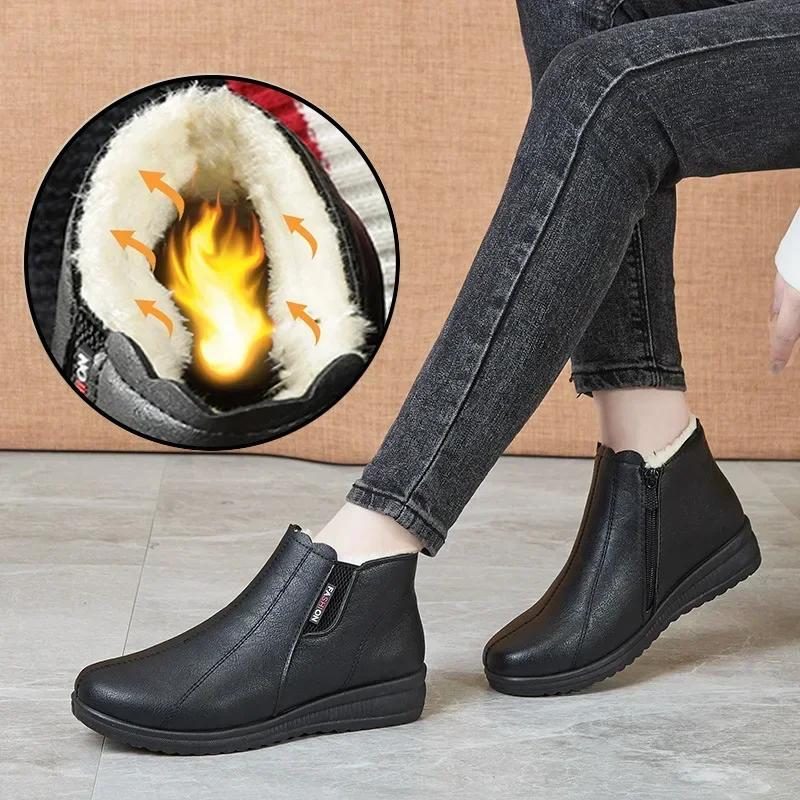 Fashion Winter Warm Shoes Woman Black Short Boot With Fur Women's Leather Ankle Boots Women Snow Boots Waterproof Ladies Zip Up Booties