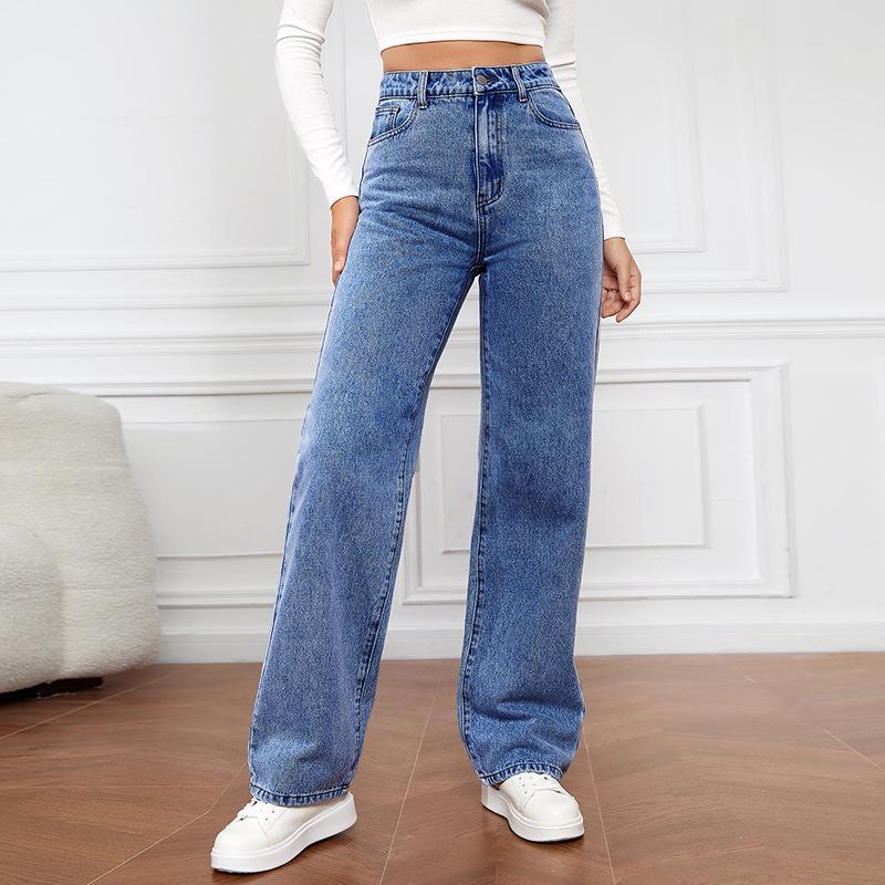 2024 European & American High Waist Washed Women's Long Straight Jeans NK331