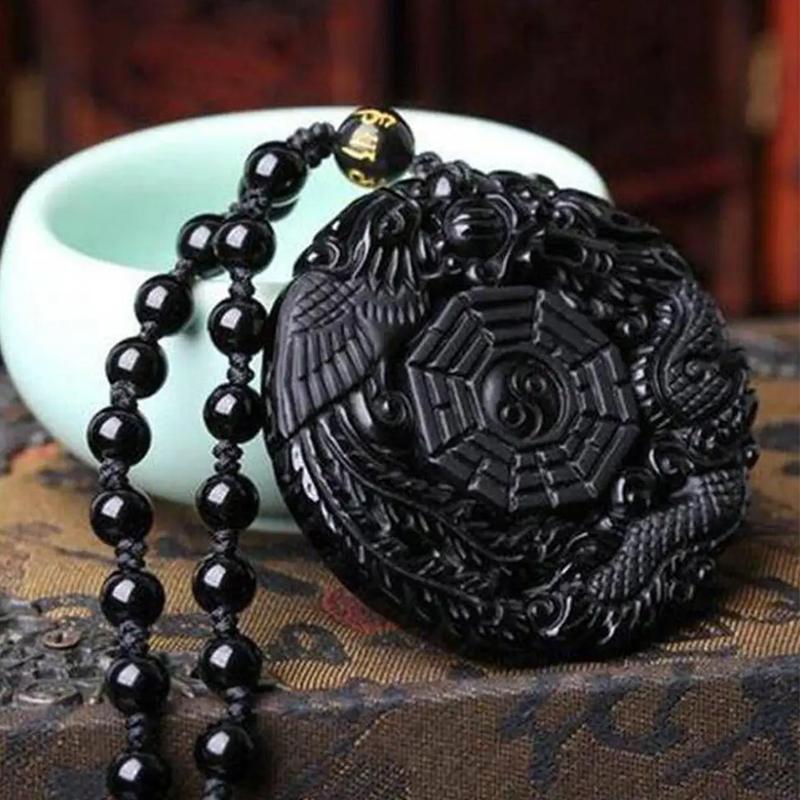 Přírodní černý obsidián ručně vyřezávaný čínský drak Phoenix Bird Amulet Bagua náhrdelník pro ženy Muži Přívěsek s maskotem štěstí