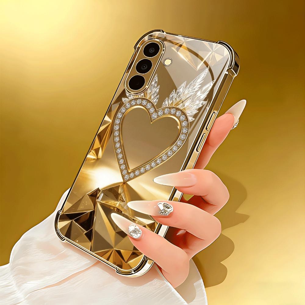 Golden Heart-shaped Wing Patterned Glass Phone Case Suitable for Samsung Galaxy S26 S25 S24 S22 S21 S20 FE/Ultra/Plus Anti Drop