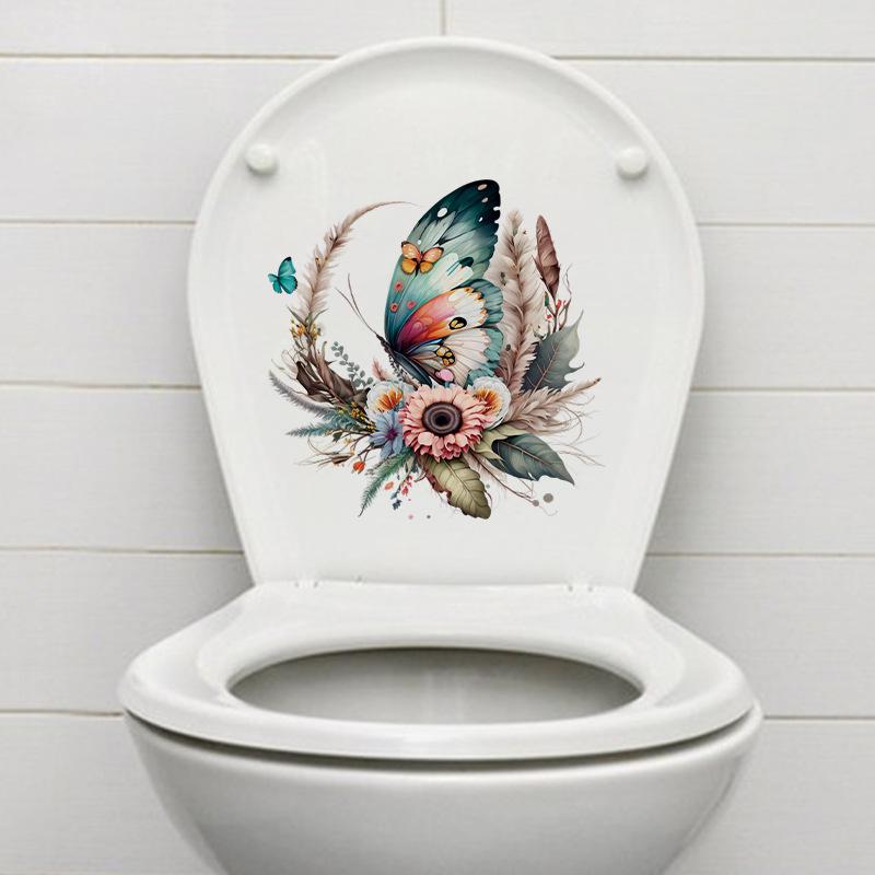 Hand-painted Butterfly Flower Wall Sticker for Bathroom Toilet Lid Decoration Waterproof Self-adhesive Vinyl Toilet Sticker