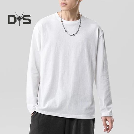 Chemise à col rond et manches longues pour homme, t-shirt doux et respirant, couleur unie, coupe ample, décontracté, printemps-été