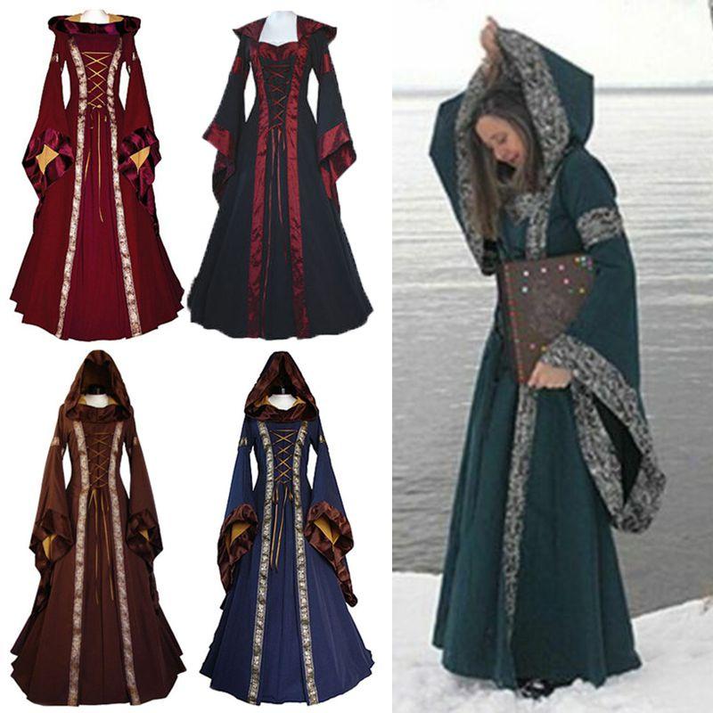 Women's Vintage Gothic Medieval Dress Costume Retro Hooded Victorian Renaissance Dress