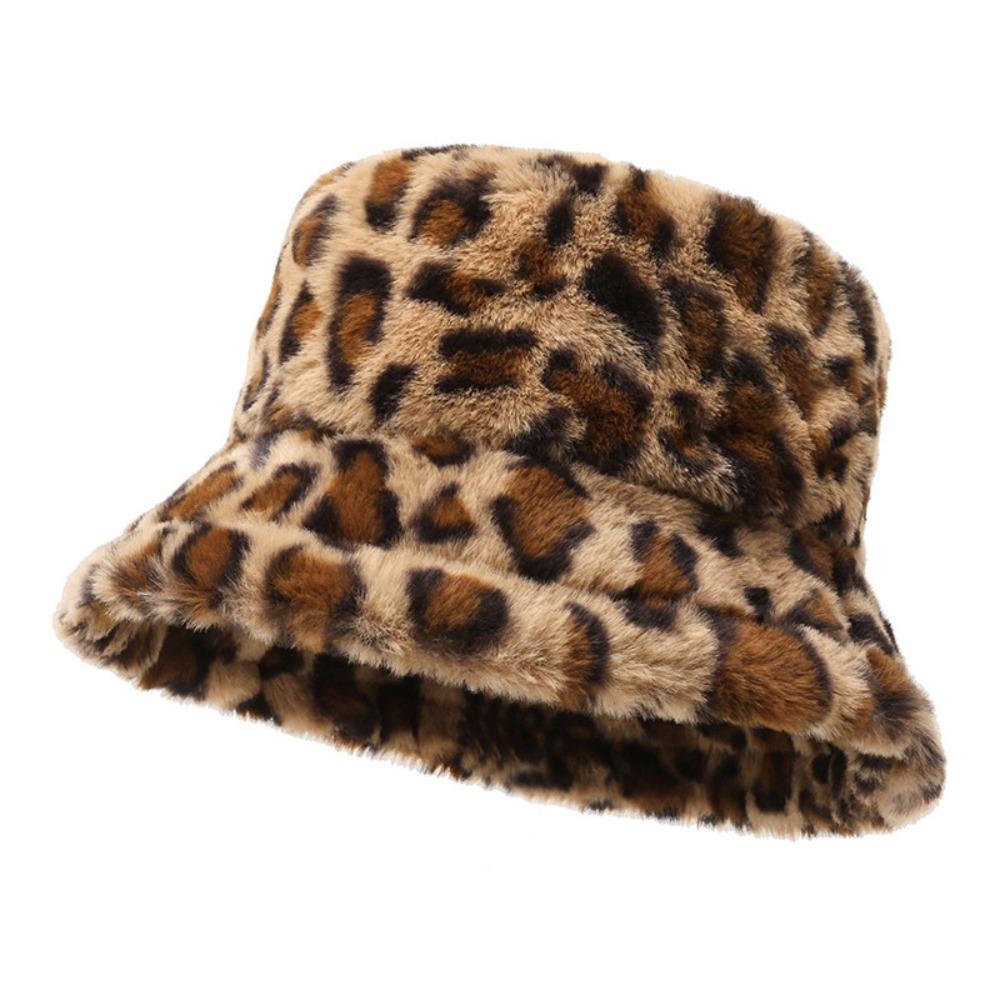 Korean Style Leopard Print Bucket Hat Windproof Thicken Winter Warm Hat Soft Trendy Women Plush Bucket Hat Autumn and Winter