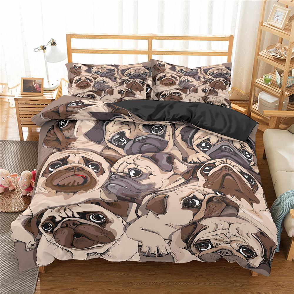 Cartoon Pug Dog Duvet Cover Set Cute Kawaii Pug Dog Pattern Comforter Cover King Size for Kids Boys Girls Polyester Bedding Set