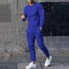 Costum de culoare solidă pentru bărbați, cu gât rotund, tricou cu mânecă lungă, pantaloni, strâmți, din două piese