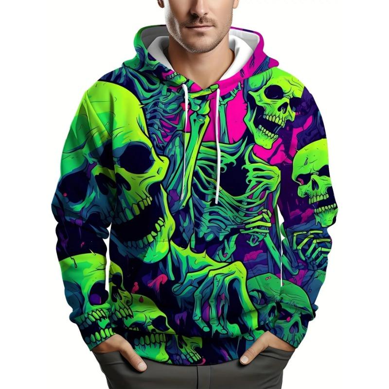Men Neon Skull Skeleton 3D Print Hoodie Y2K Gothic Streetwear Loose Pullover Hooded Sweatshirt With Pocket