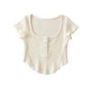 American Style Slim Fit U-Neck Buttoned Waffle Knit Crop Top for Women