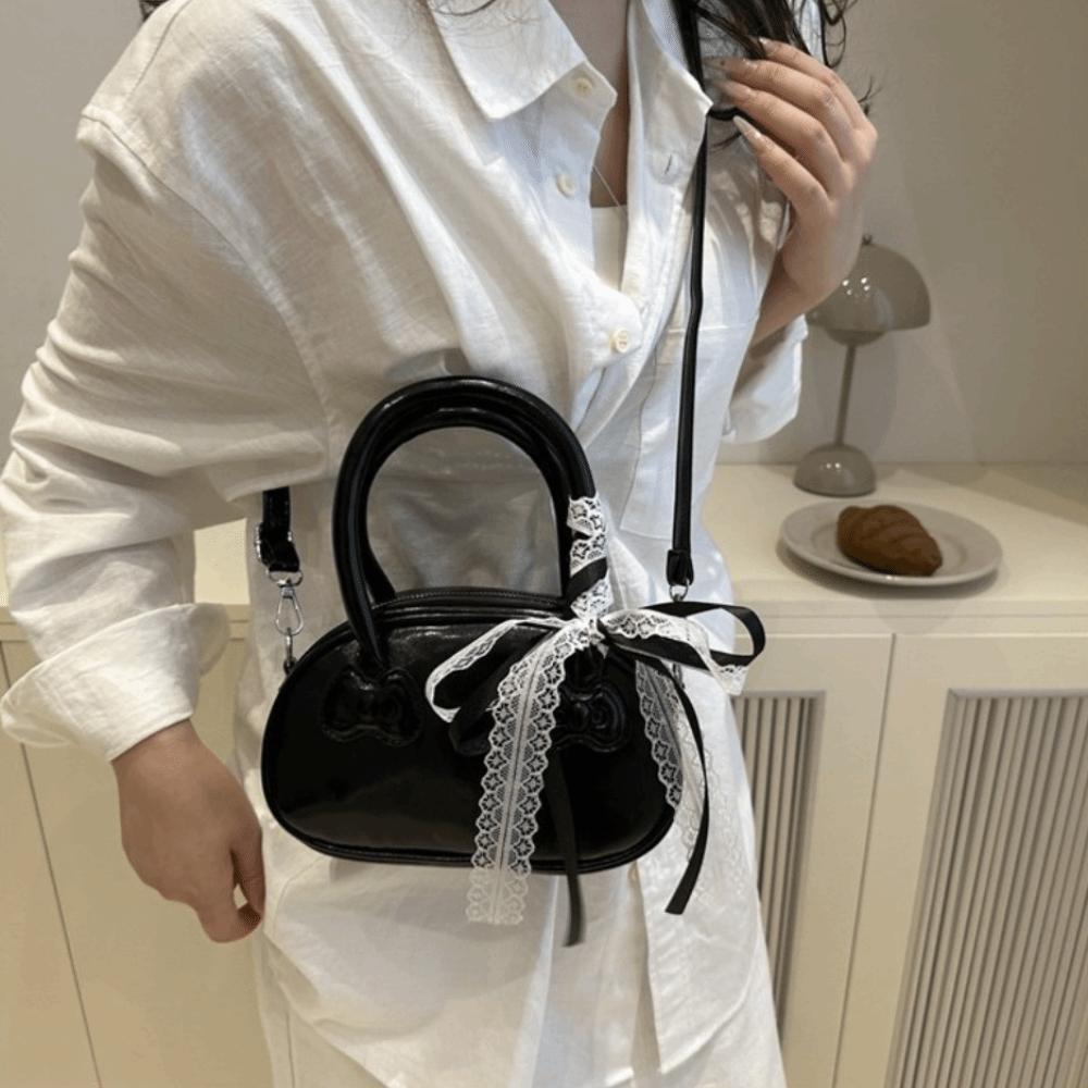 Fashion Korean Bow Crossbody Bag Y2k Leisure Lace Ribbons Boston Bag Pu Leather Sweet Commute Handbag Spring And Summer