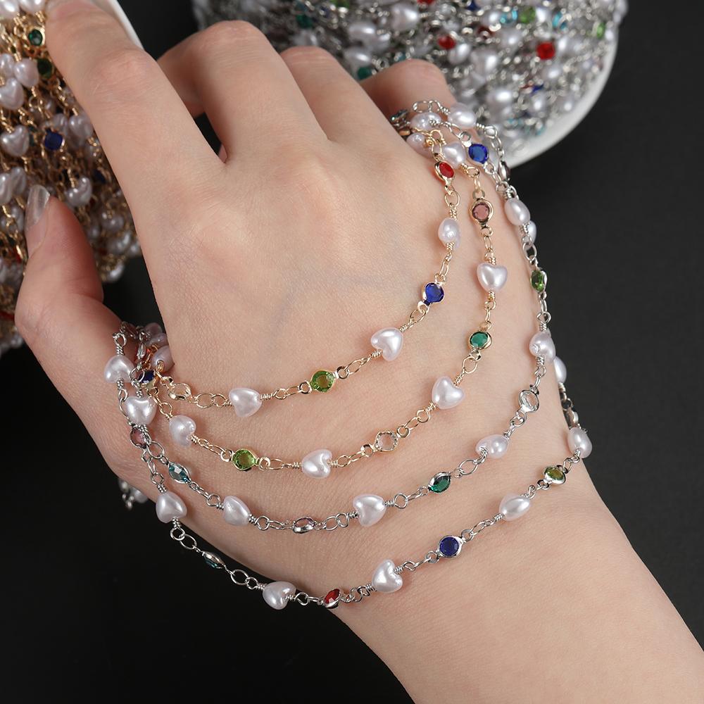 1m Copper Beaded Chain With Heart Shaped Artifical Pearls for Handmade DIY Necklace Bracelet Ankle Chains Jewelry Making Chain
