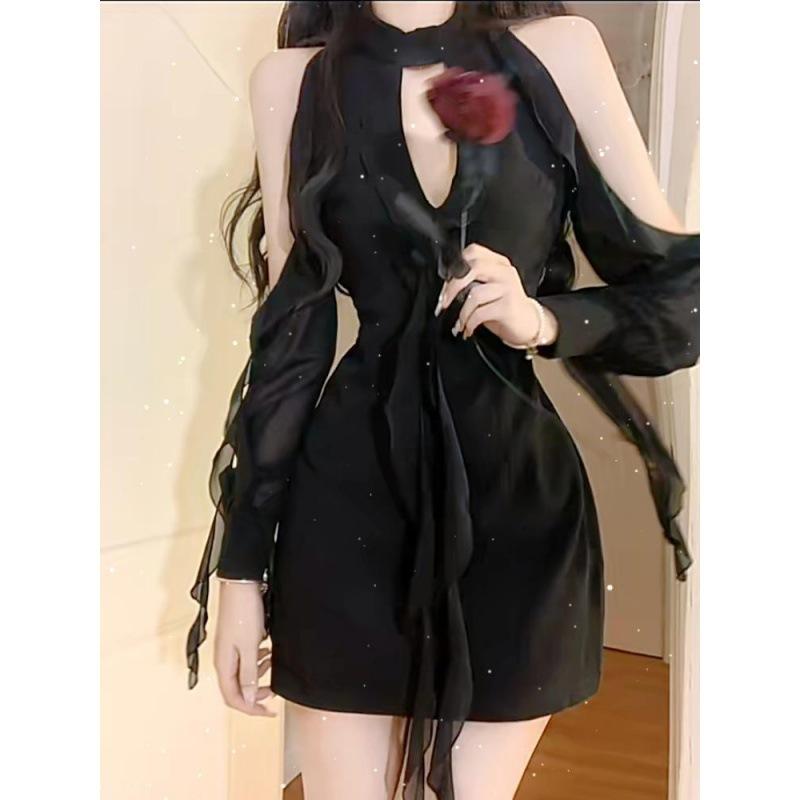 Black Dresses Women Sexy Hollow Out Female Casual Temperament Spring Off Shoulder Korean Style Solid Hotsweet Empire Fashion