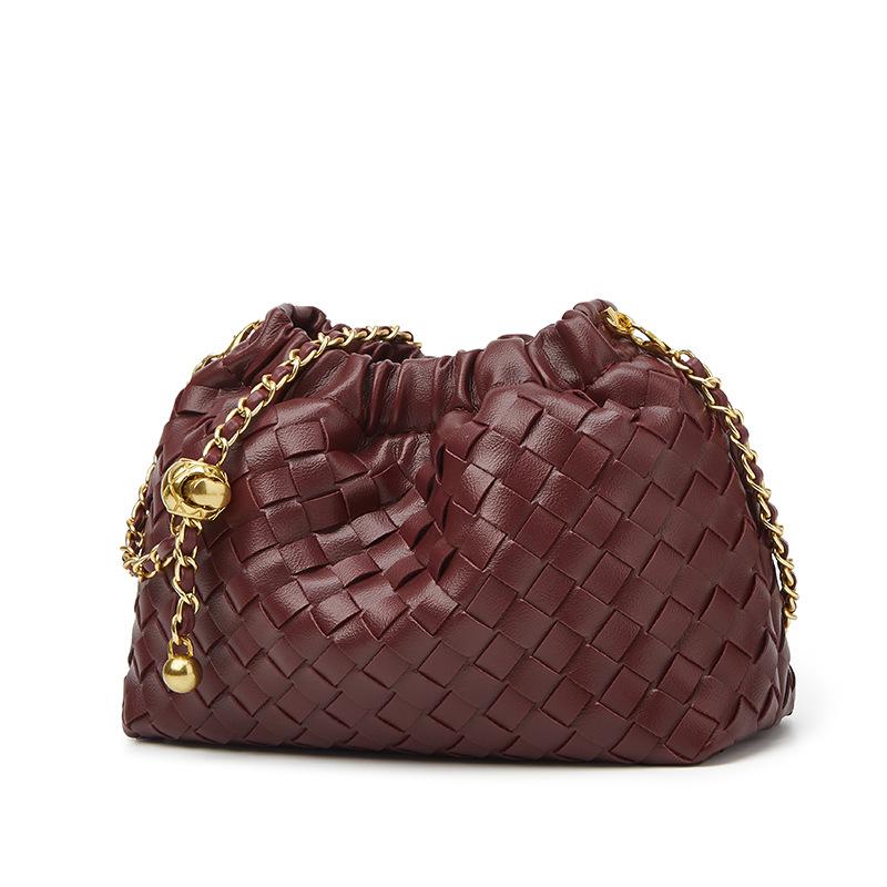 Gold Ball Chain Woven Bag - Fashionable Cross-body Bag with Shoulder Strap and Pleated Cloud-shaped Design.
