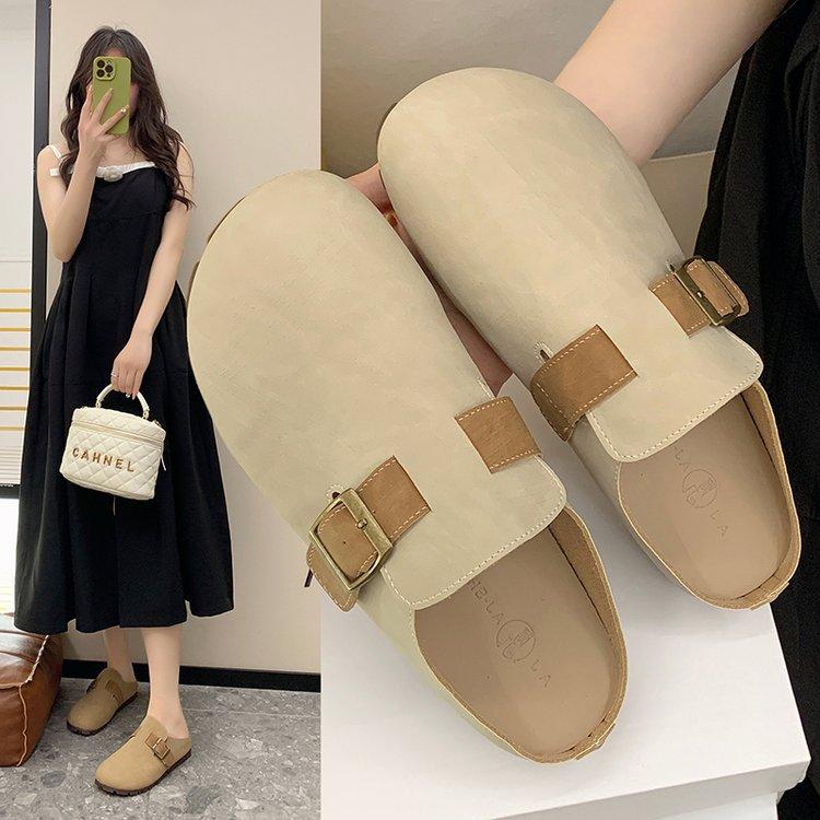 Flat-bottomed Soft Leather Boken Shoes Women's Shoes 2024 New Casual Bag Head Half Slippers Wearing Retro Lazy Single Shoes