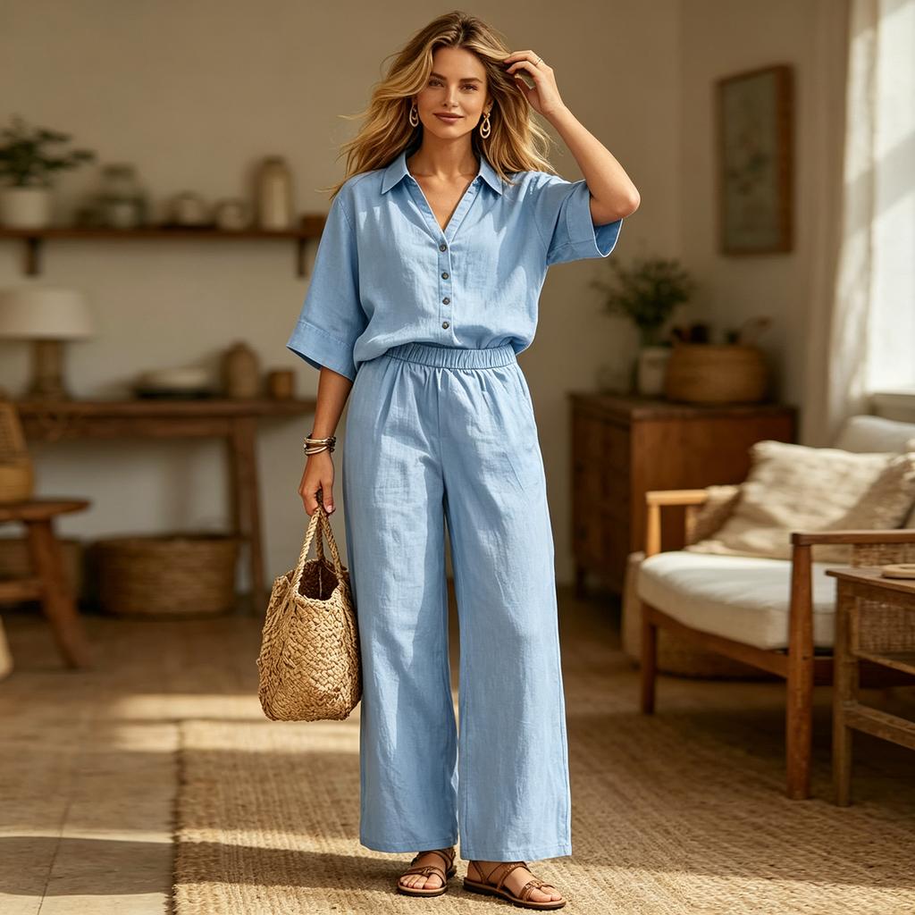 Volný dvoudílný set pro ženy, košile s krátkým rukávem na knoflíky, kalhoty s širokými nohavicemi a elastickým pasem, ležérní outfit pro každodenní nošení