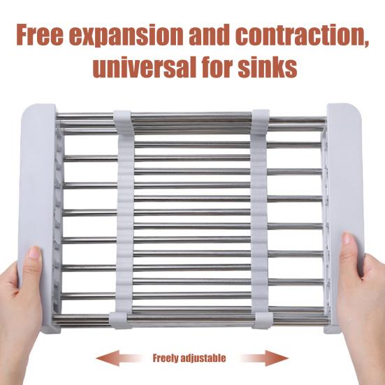 Drain Basket Stainless Steel Kitchen Sink Drain Basket Telescopic Drying Rack with Non-Slip Support Utensils Storage Holder