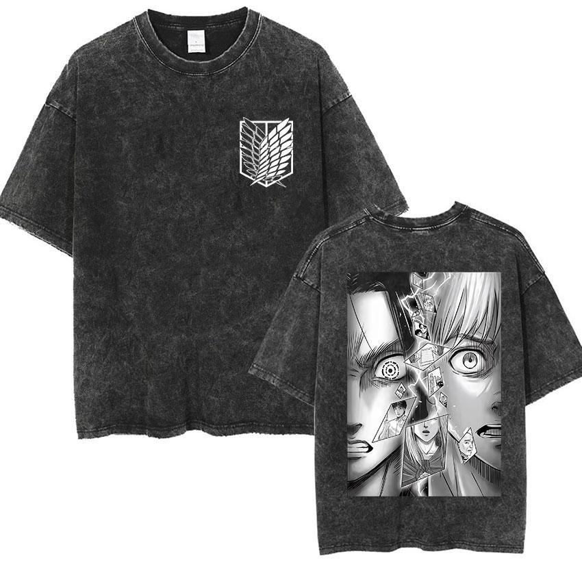 Vintage Washed T-shirt Man Attack On Titan Men Women Short Sleeve Tee Streetwear Anime Print Tops