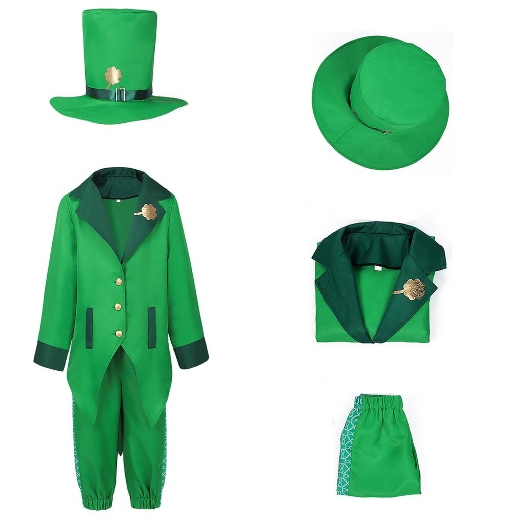 Leprechaun Tailcoat Festive Green Polyester Costume Jacket Outfit St Patricks Day Party Halloween Stage Program Perfoemance Wear