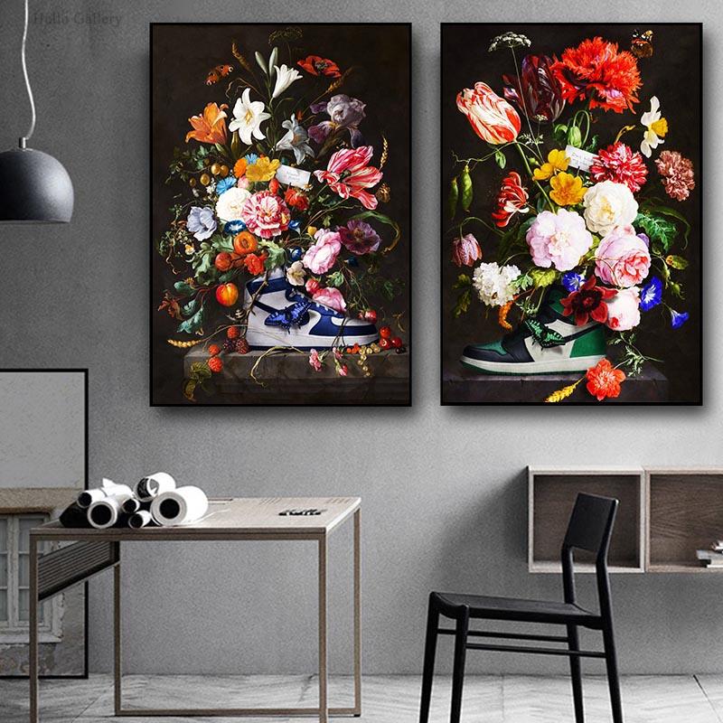 Blumen-Sportschuhe-Kunstwerk, bedrucktes Leinwandgemälde, Blumen-Sportschuhe-Poster, hängendes Gemälde, Heimdekoration